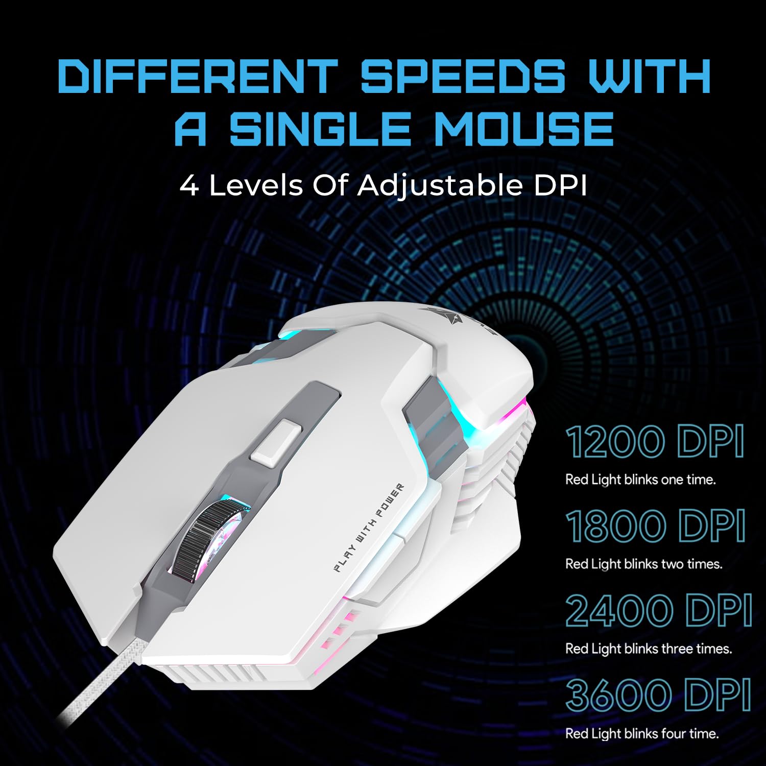 EvoFox Starter Series Spectre USB Wired Gaming Mouse | Upto 3600 DPI Gaming Sensor | 6 Buttons | Upto 7 Million Clicks | 7 Colours Rainbow Lighting with Breathing Effect | 1.5m Braided Cable (White)
